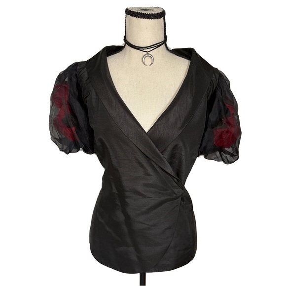 Victor Costa Black Wrap Top w/ Sheer Puff Sleeves & 3D Rose Detail | Size 10 - Picture 8 of 10